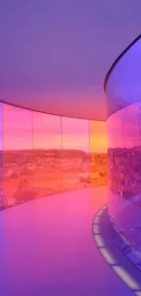 Colorful circular glass corridor overlooking a city skyline with vibrant hues.