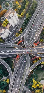 Aerial view of a vibrant cityscape with highway and greenery.