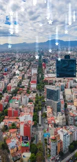 Aerial view of a vibrant cityscape with lush greenery and high-rise buildings.