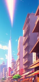 Anime cityscape with blue sky and futuristic skyline.