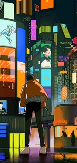 Anime cityscape with neon lights and vibrant colors in urban setting.