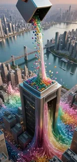 Colorful paint flows over a city rooftop.