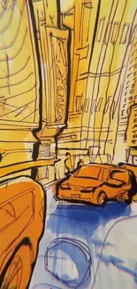 Vibrant city street art with bold yellow and blue colors featuring cars.