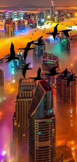 Vibrant cityscape with colorful skyscrapers at sunrise and flying birds.