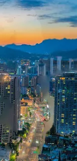 Colorful city skyline at dusk, reflecting vibrant urban life.