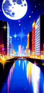 Vibrant cityscape wallpaper with a moonlit river and glowing skyscrapers.