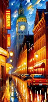 Colorful cityscape wallpaper with clock tower and illuminated street at night.