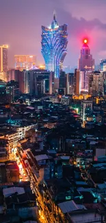 Dynamic Macau cityscape at night with neon lights and tall buildings.