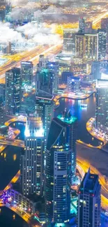 Vibrant illuminated cityscape at night featuring skyscrapers and glowing streets.