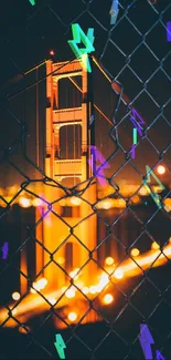 Night view of a bridge illuminated with vibrant abstract lights.