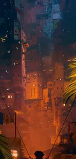 Colorful cityscape at night with dramatic lighting and vivid colors.