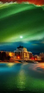 Night cityscape with aurora and vibrant colors over water.