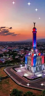 Mobile wallpaper of a vibrant cityscape at sunset with a colorful illuminated tower.