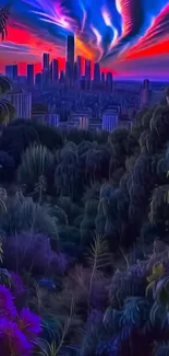 Colorful cityscape view at sunset.