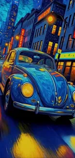 Classic Beetle car in vibrant cityscape with neon colors.
