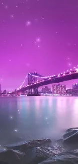 Stunning cityscape with a purple sky and illuminated bridge over a calm river.