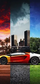 Dynamic car montage with city and nature backgrounds.