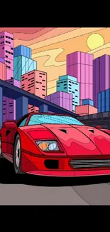 Red sports car in cityscape with vibrant sunset sky.