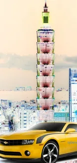 Yellow car in vibrant city skyline with modern buildings.