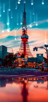 Vibrant cityscape at dusk with tower and reflections.