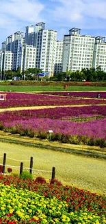 Cityscape with vibrant flower fields and modern buildings.