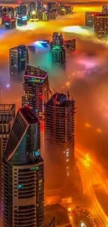 Vibrant cityscape with fog and colorful lights.