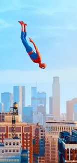 Superhero diving above vibrant city skyline with clear blue sky.