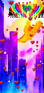 Colorful cityscape wallpaper with silhouettes and heart motifs.