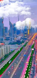 Vibrant cityscape with skyscrapers and traffic under a blue sky.