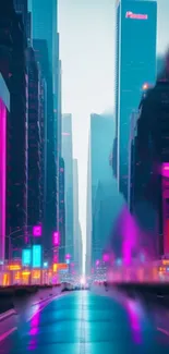 Vibrant futuristic cityscape with neon lights and modern buildings.