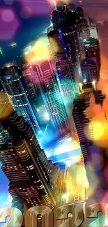 Vibrant cityscape with colorful lights and towering skyscrapers at night.