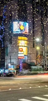 Dynamic city nightscape with glowing lights and bustling street scene.