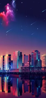 Vibrant cityscape with cosmic night sky featuring colorful skyscrapers.