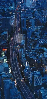 Aerial view of a city at night with vibrant street lights and skyscrapers.