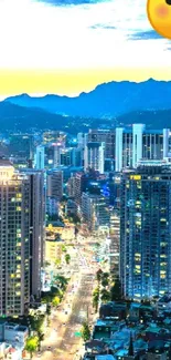 Vibrant cityscape with skyscrapers and night sky.