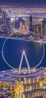 Illuminated cityscape with a Ferris wheel at night.