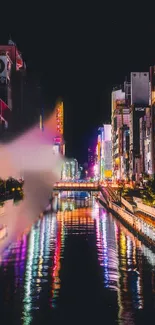 Neon-lit cityscape reflecting on a tranquil river at night.