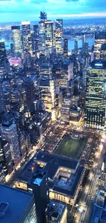 Vibrant cityscape at night with illuminated skyscrapers and bustling streets.