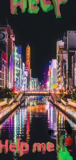 Vibrant city at night with neon lights reflecting in the water.