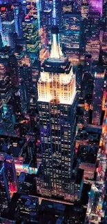 Vibrant cityscape at night with glowing skyscrapers and neon lights.