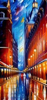 Vibrant abstract night cityscape with colorful street view and lights.