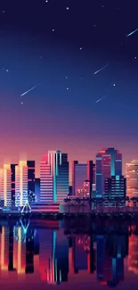 Vibrant city skyline at night with stars and reflections.