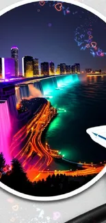 Vibrant cityscape wallpaper with illuminated skyscrapers and colorful waterfalls.