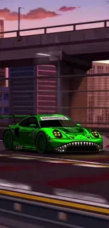 Green racing car on urban street.