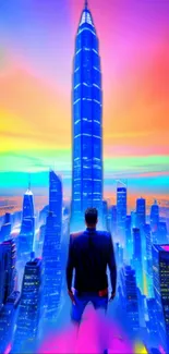 Vibrant neon cityscape with towering blue skyscraper and man in foreground.