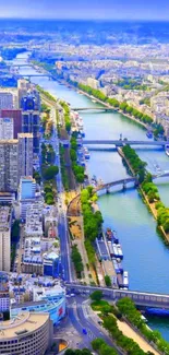 A vibrant aerial view of a cityscape featuring a river and skyscrapers.