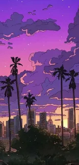 City skyline with palm trees at sunset under a purple sky.