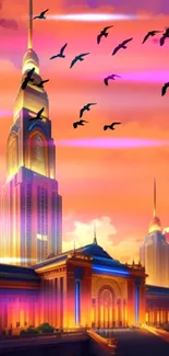 Vibrant sunset cityscape with birds and skyscrapers.