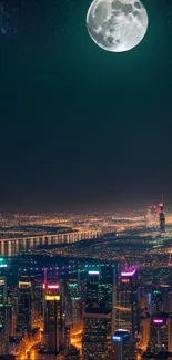 Night cityscape under a full moon with vibrant lights and skyline.