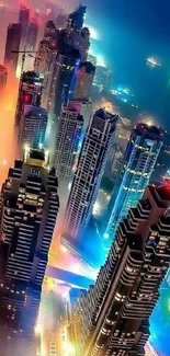 Vibrant cityscape with illuminated skyscrapers and colorful lights at night.